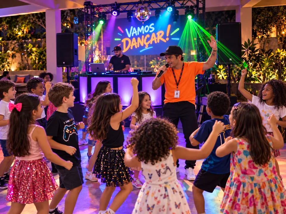 Baladinha infantil com animador e DJ Animador com microfone e DJ animando a baladinha infantil