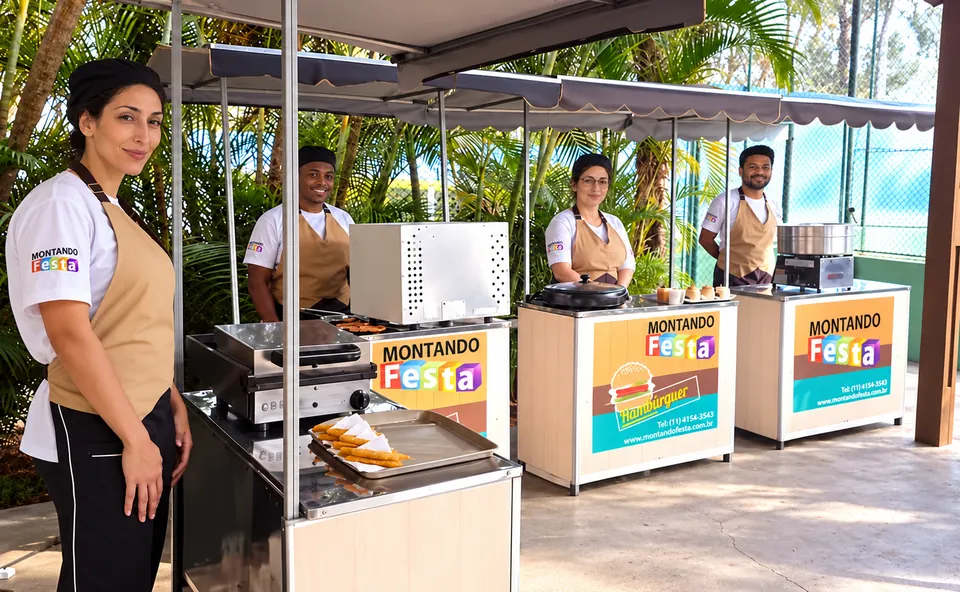 Equipe de barraquinhas servindo convidados na festa