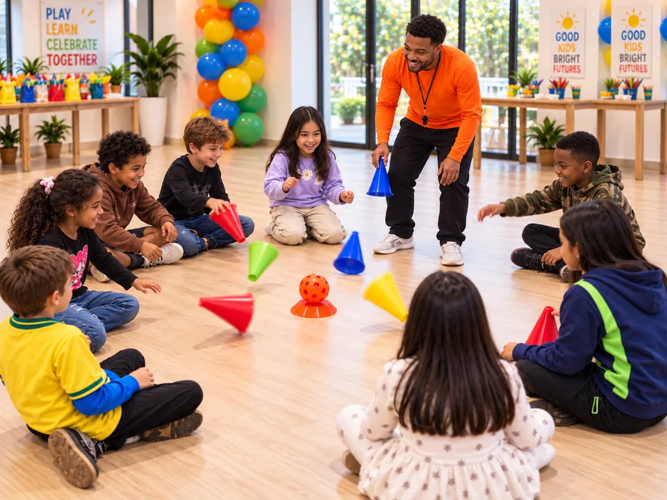 Recreação com cones e bola no salão de festas