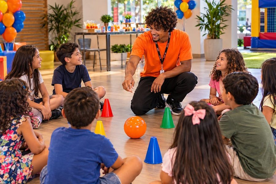Animador para festa infantil conduzindo brincadeira em roda Animador para festa infantil conduzindo brincadeira em roda