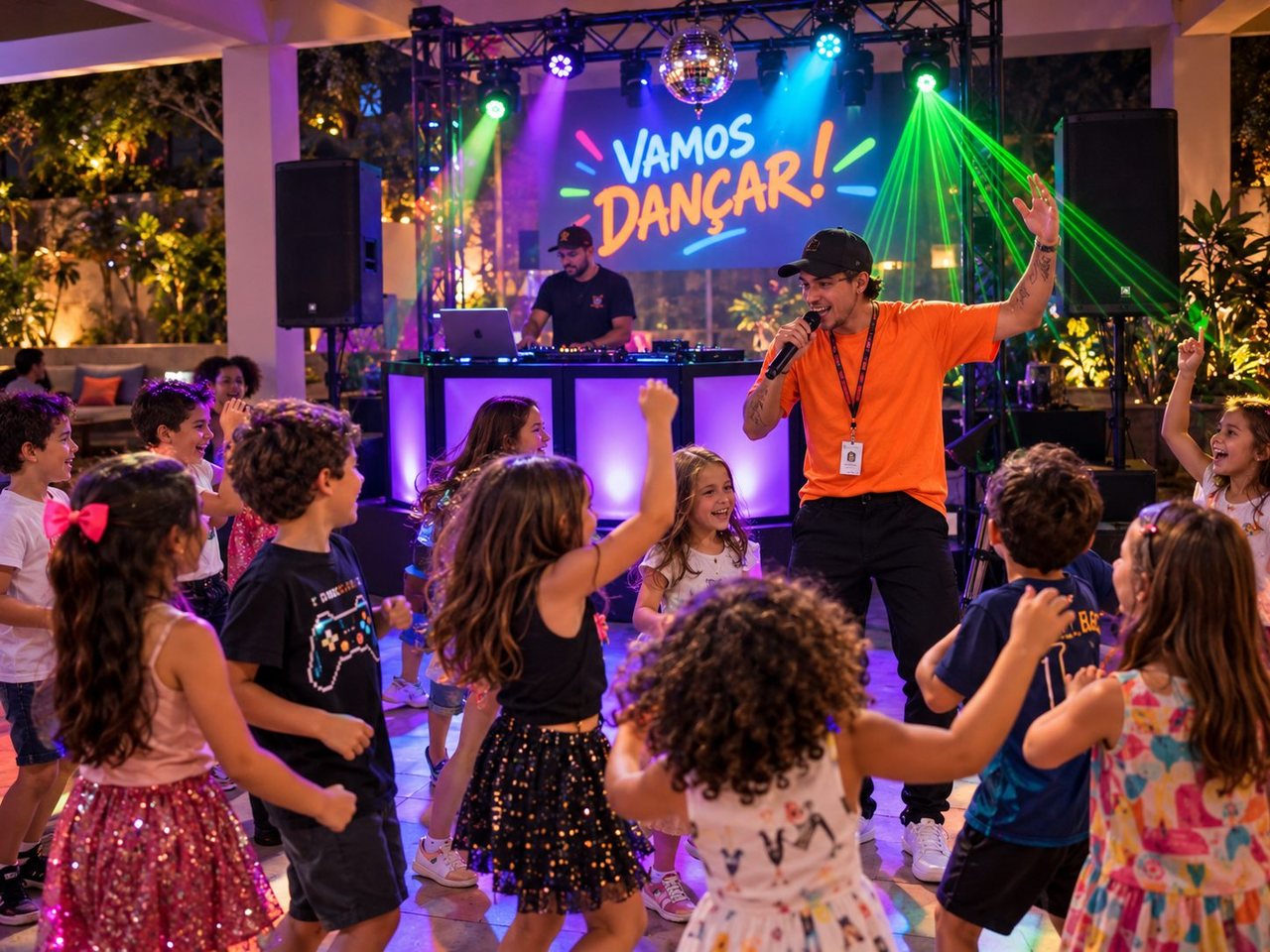 Animador com microfone conduzindo a baladinha infantil ao lado do DJ