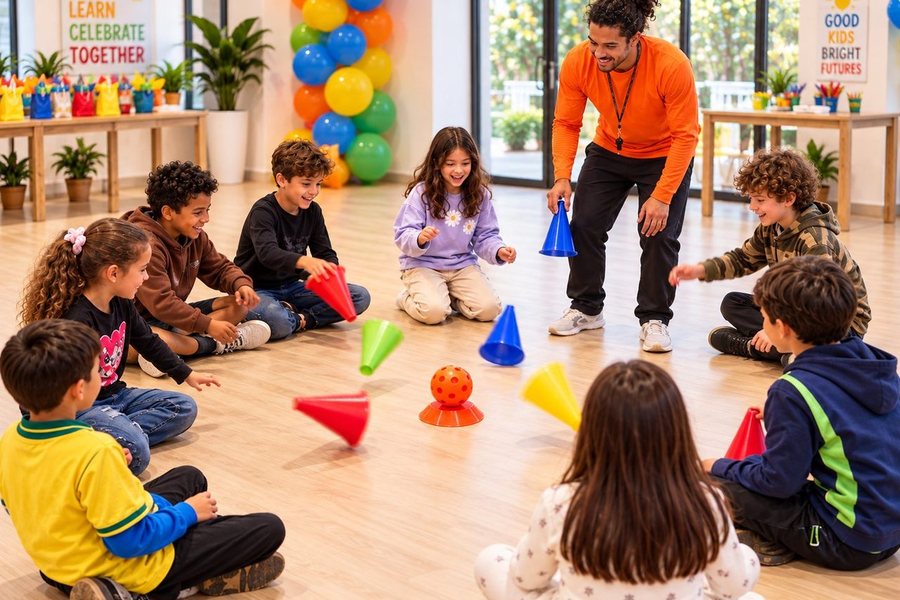 Recreação com cones e bola no salão de festas Recreação com cones e bola no salão de festas