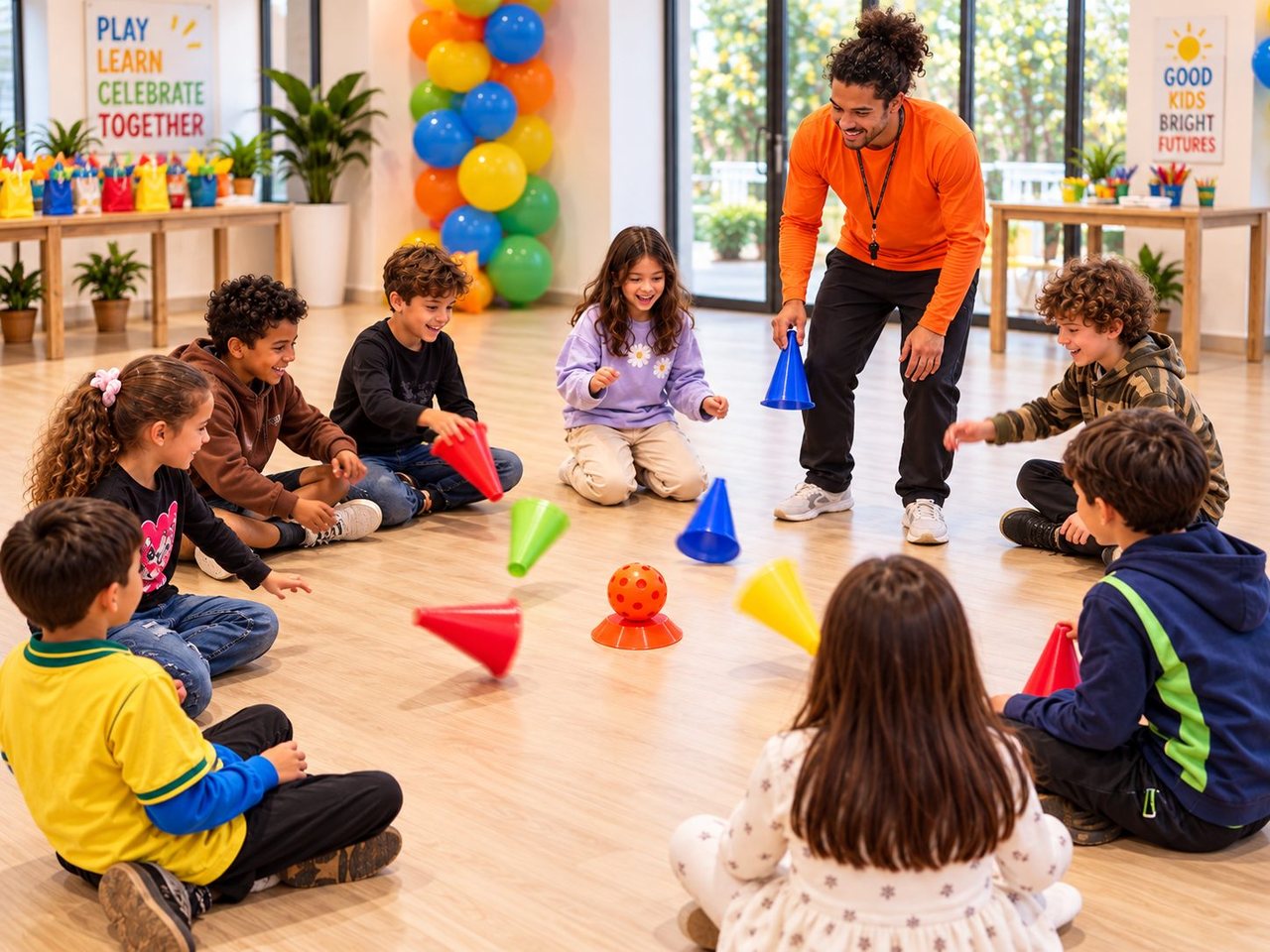 Animador com cones coloridos em recreação com crianças no salão de festas