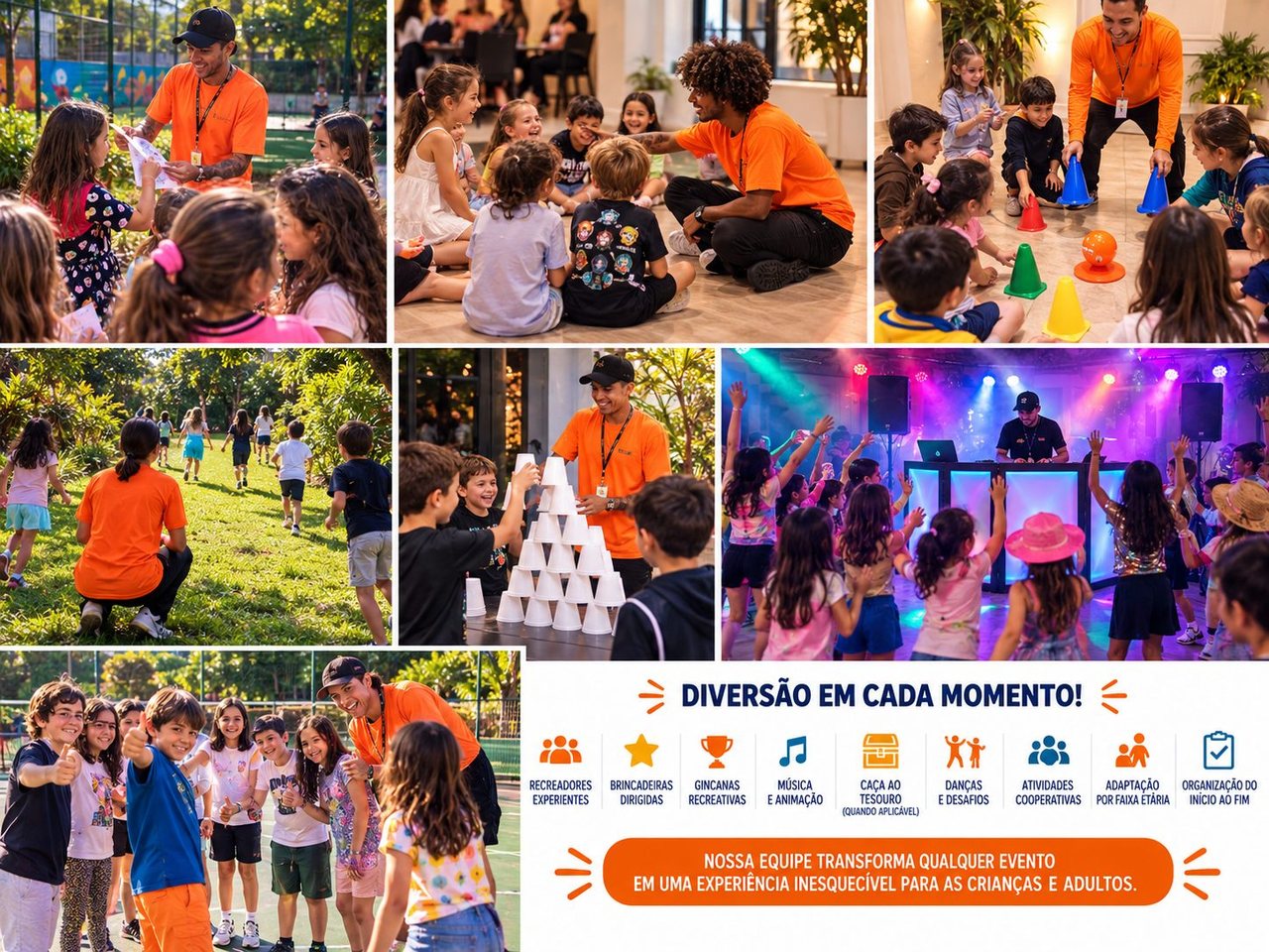Animadores da Montando Festa em recreação: brincadeiras dirigidas, gincanas, música, caça ao tesouro, danças, atividades cooperativas e adaptação por faixa etária