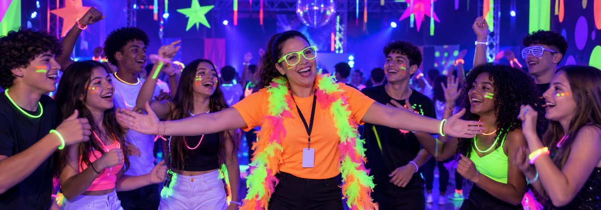 Animadora abrindo a balada neon de festa teen com luz negra em SP