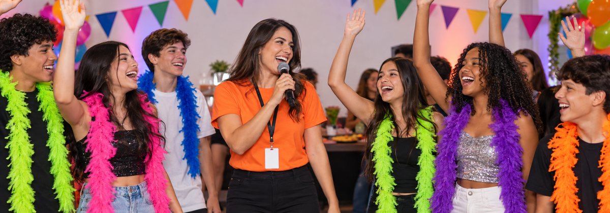Dinâmica de festa teen com microfone e boás coloridos