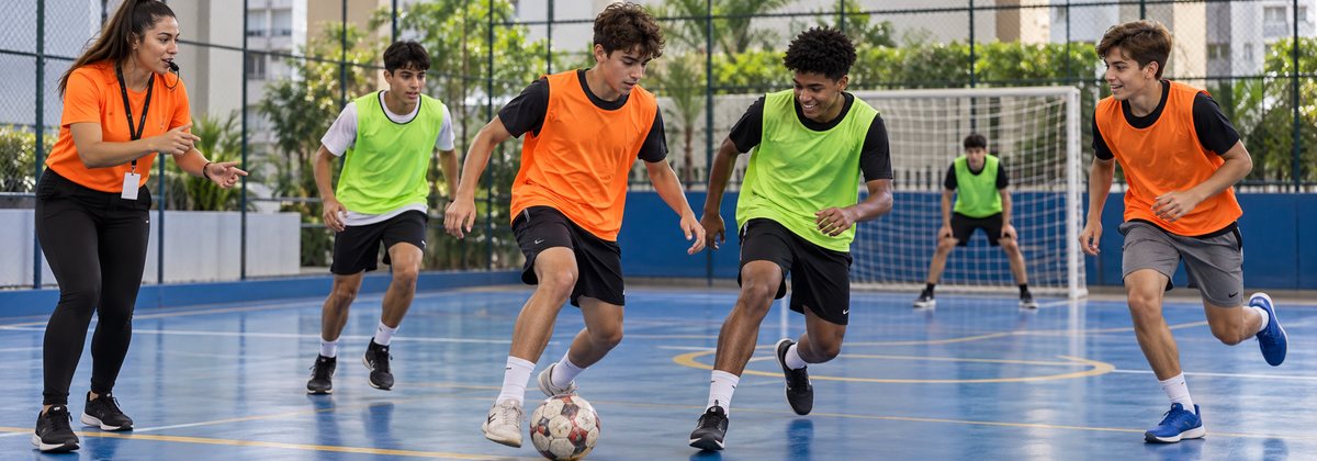 Futebol na quadra com coletes neon e animadora em festa teen