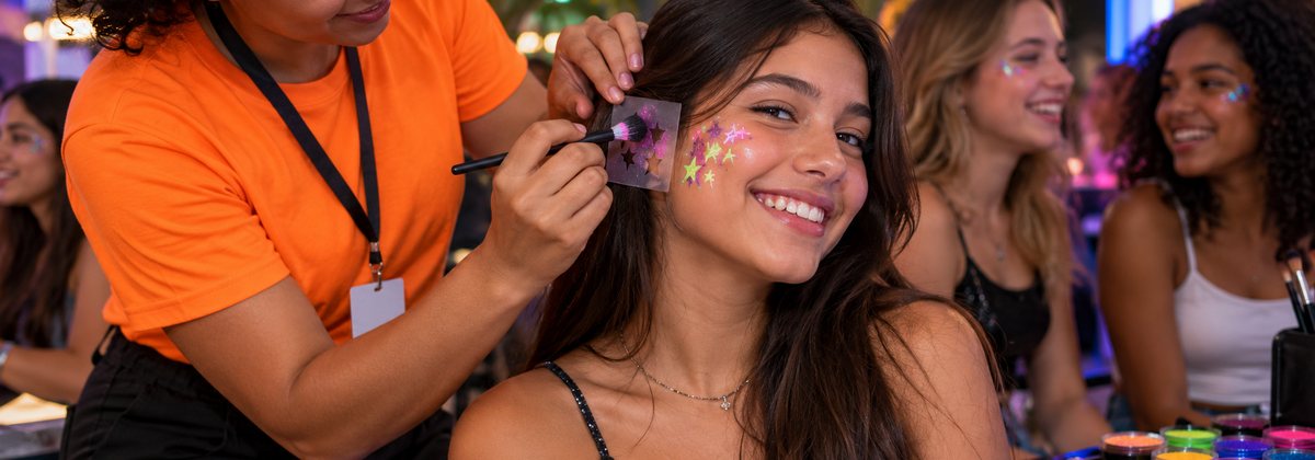 Tattoo neon temporária no rosto em festa teen