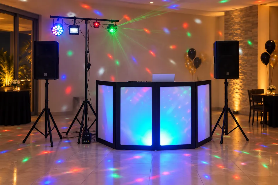 DJ Standard da Montando Festa: cabine branca iluminada, caixas de som e pedestal com luzes de pista em salão de festas.