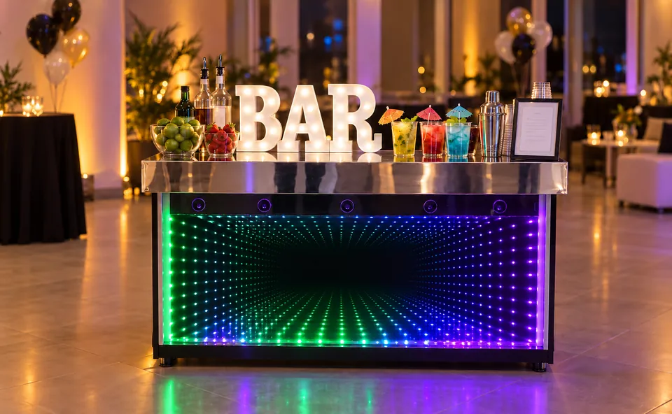 Balcão de bar iluminado com drinks e frutas (imagem ilustrativa).