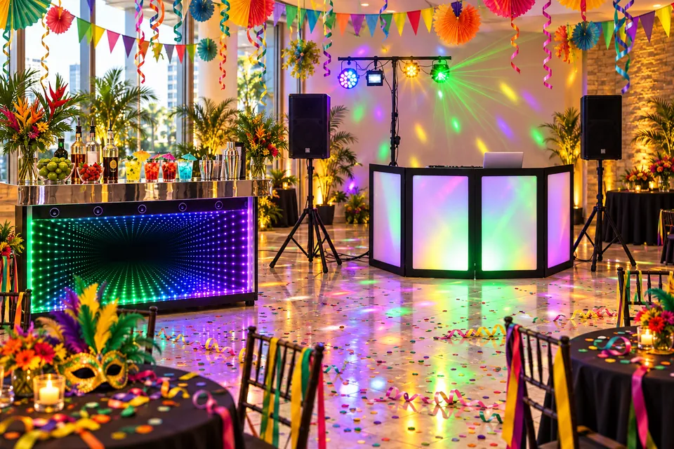 Salão decorado para festa de Carnaval com serpentinas, confete, máscaras, bar iluminado e cabine de DJ (imagem ilustrativa).