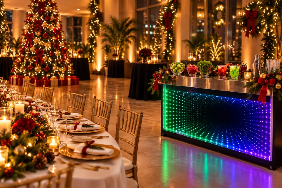 Salão decorado para festa de Natal com árvore iluminada, mesa posta e bar decorado (imagem ilustrativa).