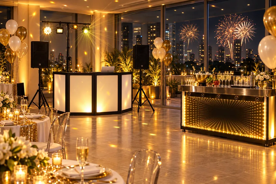 Festa de Réveillon decorada em branco e dourado com cabine de DJ, bar iluminado e fogos ao fundo (imagem ilustrativa).