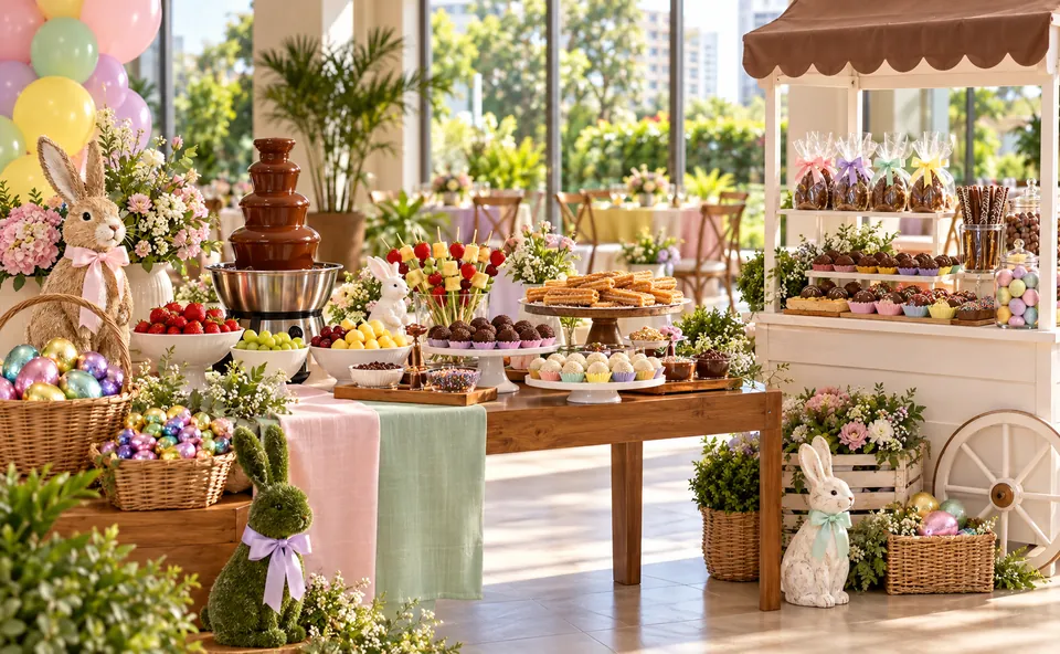 Salão decorado para festa de Páscoa com ovos de chocolate, fondue de frutas e barraquinha de doces (imagem ilustrativa).
