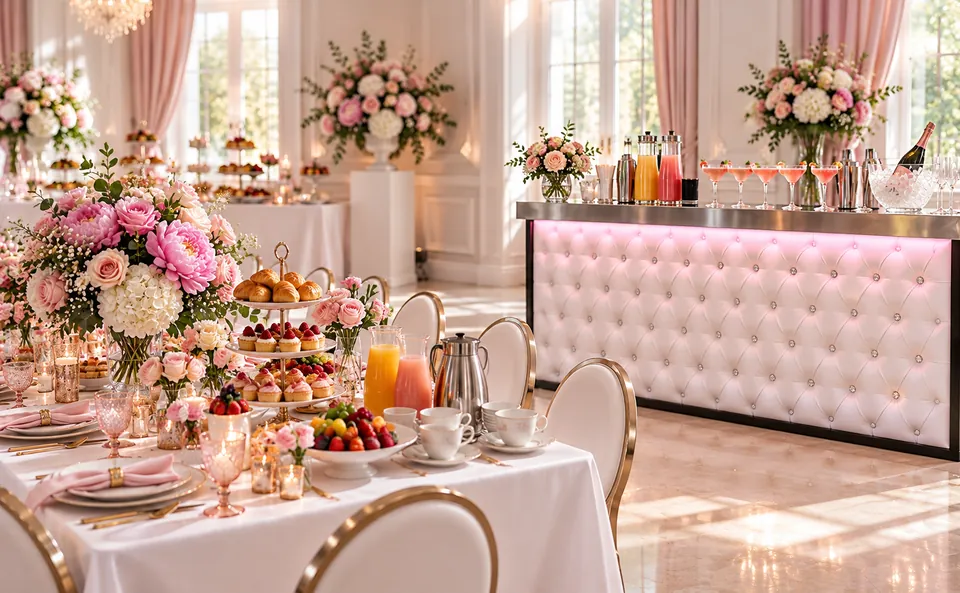 Mesa de brunch de Dia das Mães com flores, doces, frutas e bar capitonê branco (imagem ilustrativa).